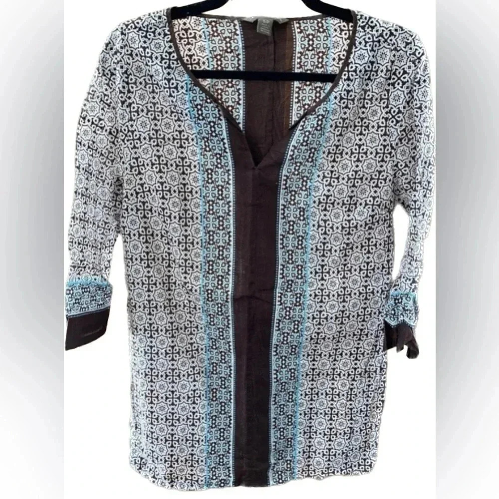 Tommy Bahama 100% Cotton Brown 3/4 Sleeve V-Neck Coverup Dress Women’s SP EUC‎